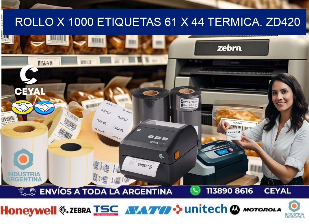 Rollo X 1000 etiquetas 61 x 44 termica. zd420
