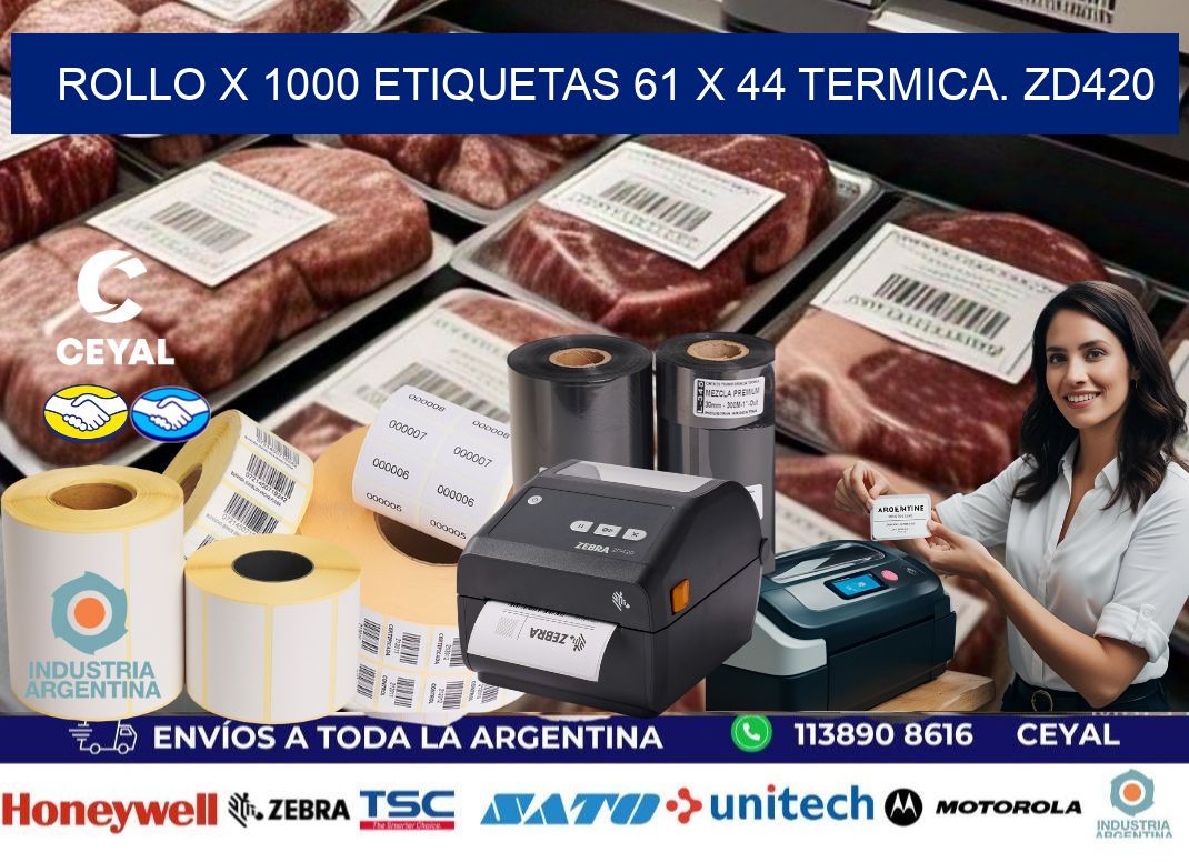 Rollo X 1000 etiquetas 61 x 44 termica. zd420