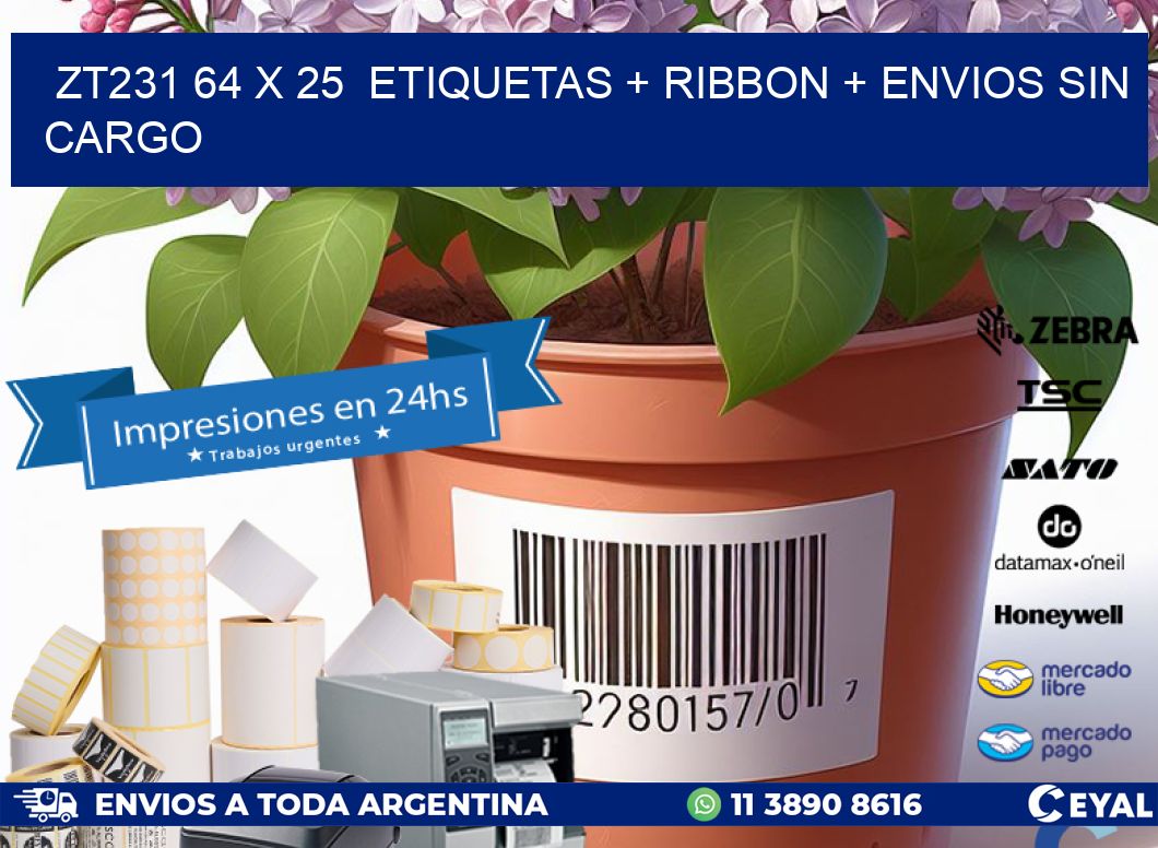 ZT231 64 x 25  etiquetas + ribbon + envios sin cargo