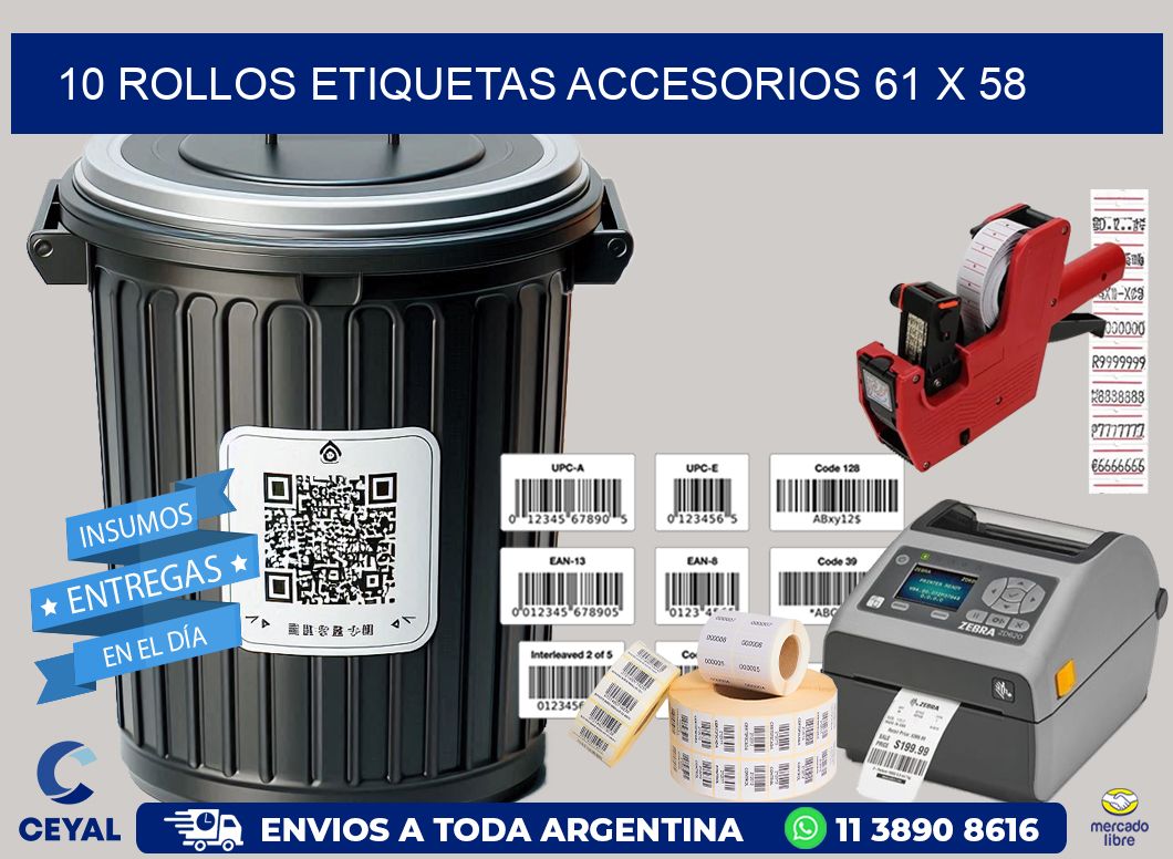 10 ROLLOS ETIQUETAS ACCESORIOS 61 x 58