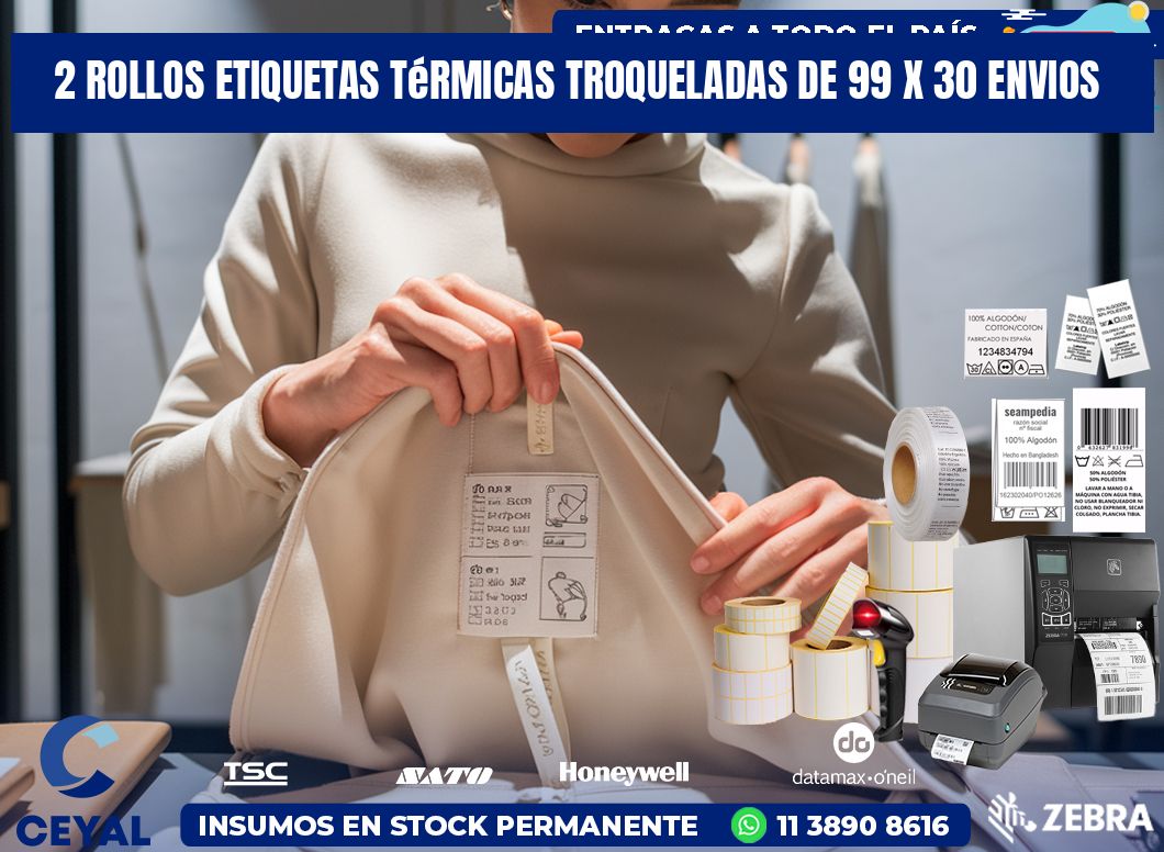 2 Rollos Etiquetas Térmicas Troqueladas De 99 x 30 ENVIOS