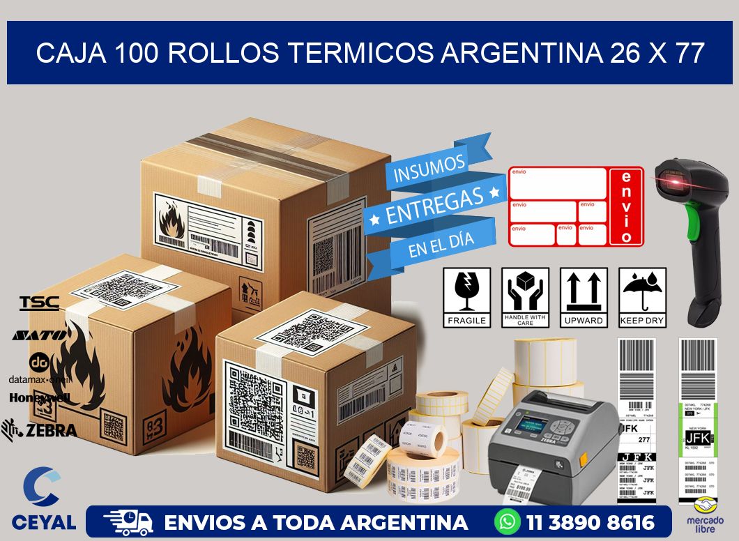 CAJA 100 ROLLOS TERMICOS ARGENTINA 26 x 77