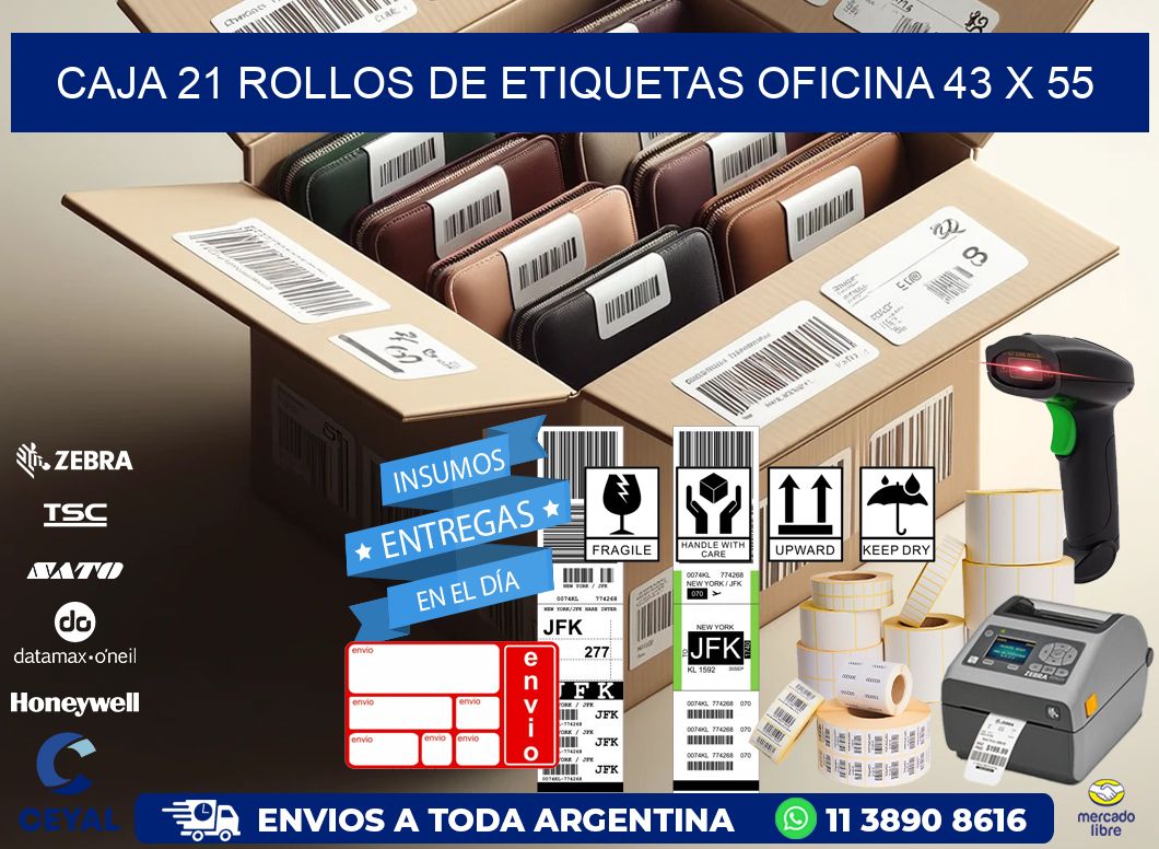 CAJA 21 ROLLOS DE ETIQUETAS OFICINA 43 x 55