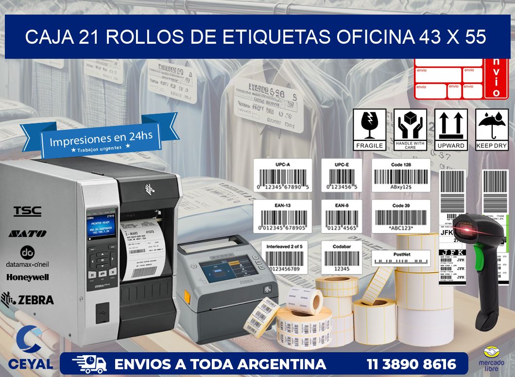 CAJA 21 ROLLOS DE ETIQUETAS OFICINA 43 x 55