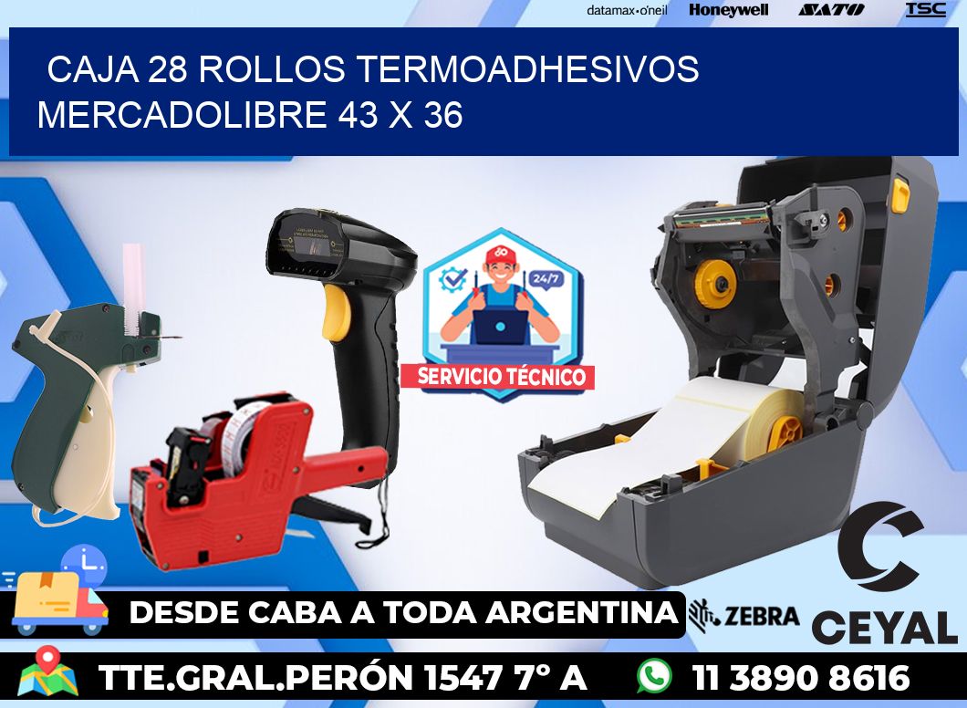 CAJA 28 ROLLOS TERMOADHESIVOS MERCADOLIBRE 43 x 36