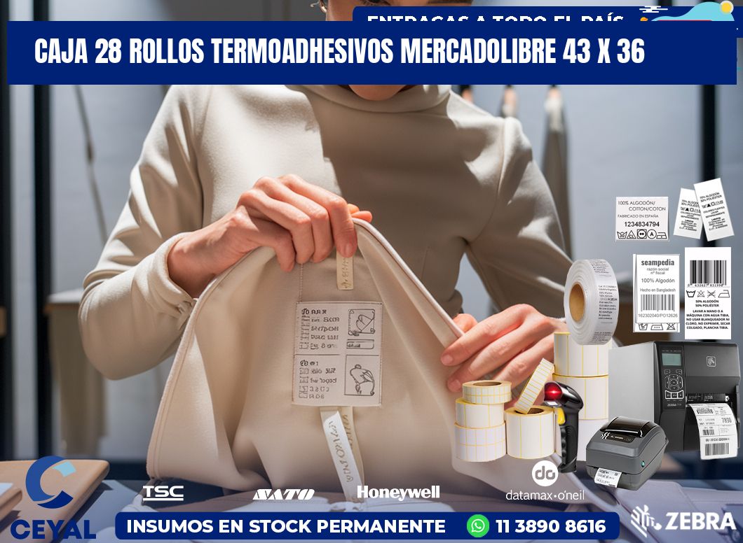 CAJA 28 ROLLOS TERMOADHESIVOS MERCADOLIBRE 43 x 36