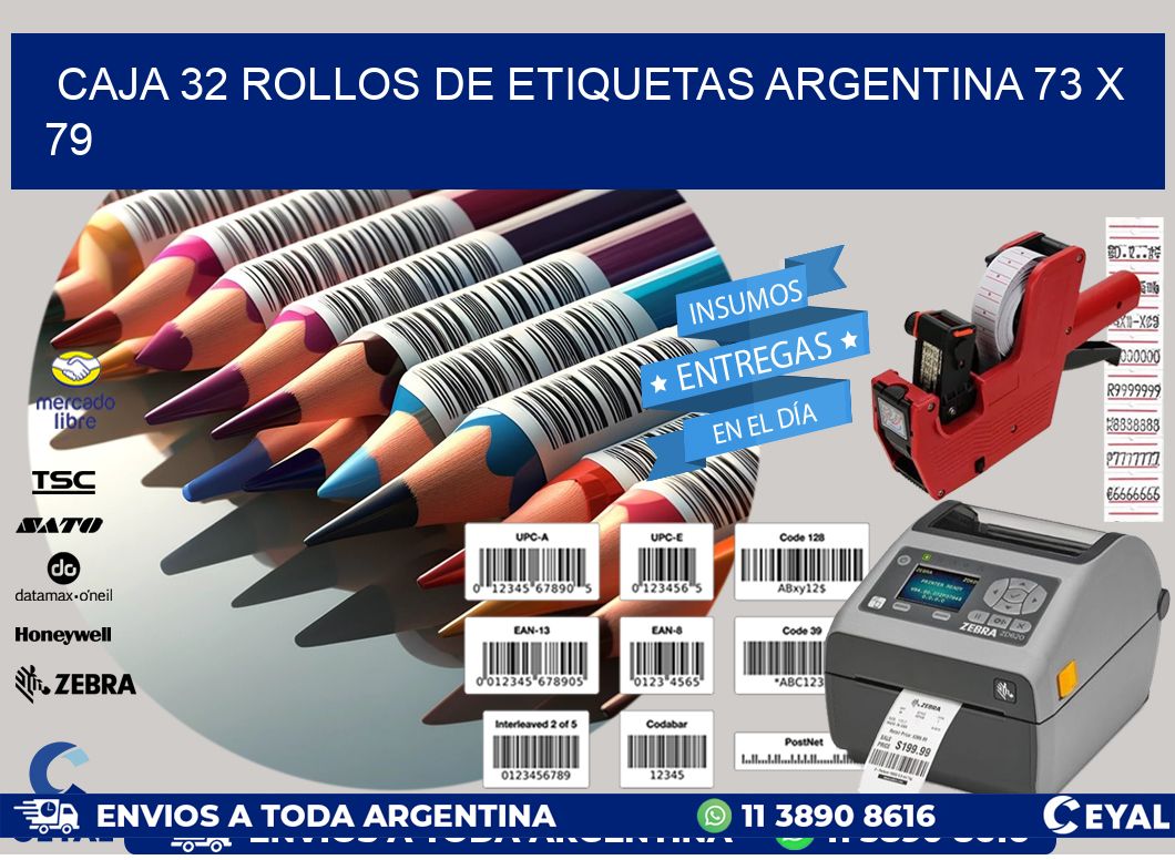 CAJA 32 ROLLOS DE ETIQUETAS ARGENTINA 73 x 79