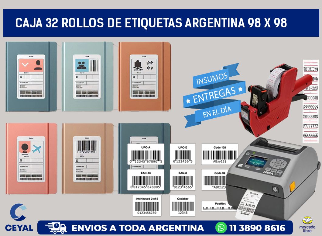 CAJA 32 ROLLOS DE ETIQUETAS ARGENTINA 98 x 98