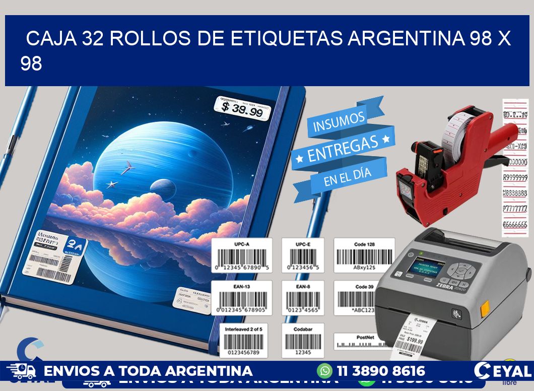 CAJA 32 ROLLOS DE ETIQUETAS ARGENTINA 98 x 98