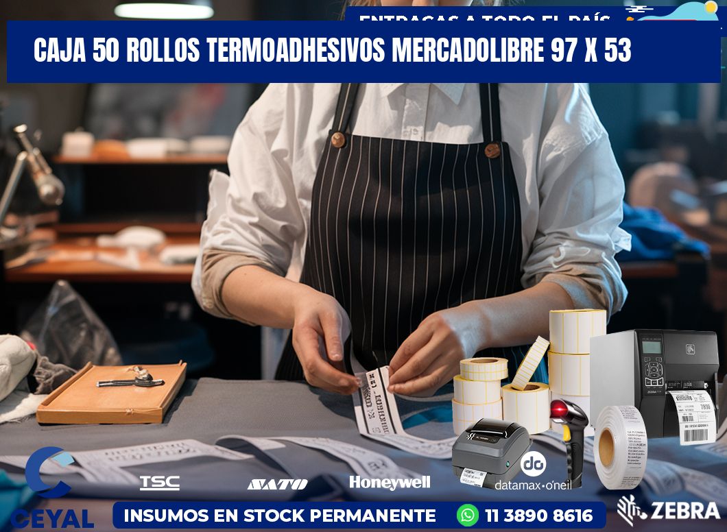 CAJA 50 ROLLOS TERMOADHESIVOS MERCADOLIBRE 97 x 53