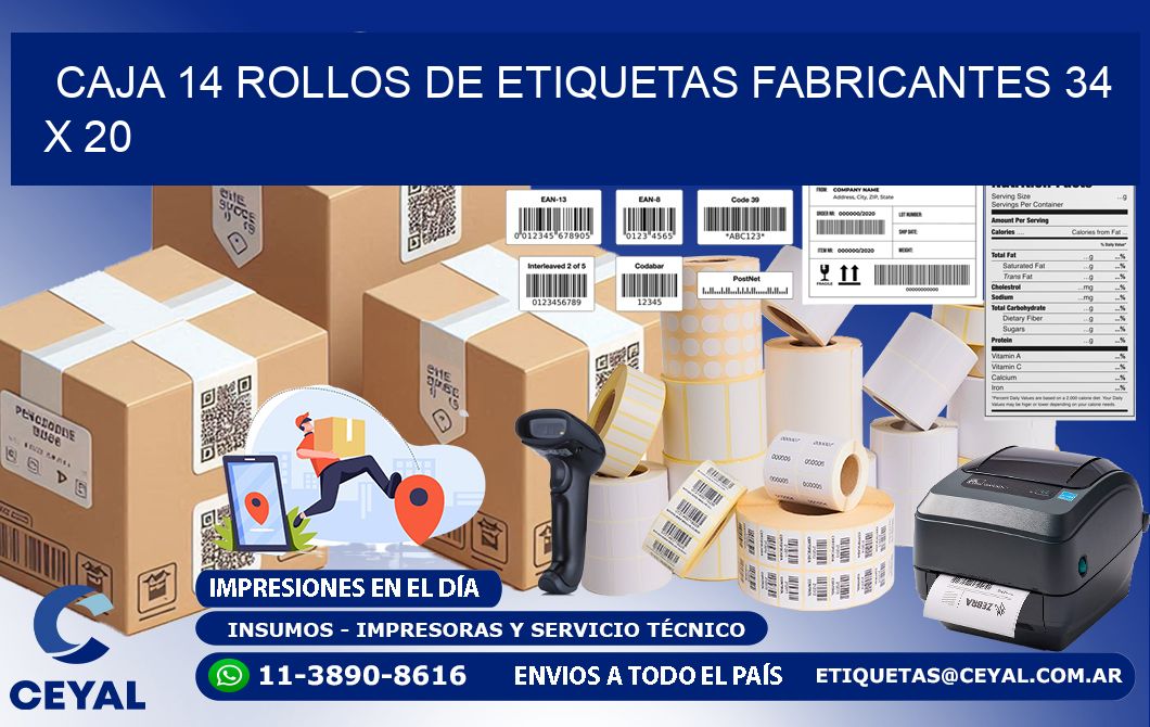 CAJA 14 ROLLOS DE ETIQUETAS FABRICANTES 34 x 20