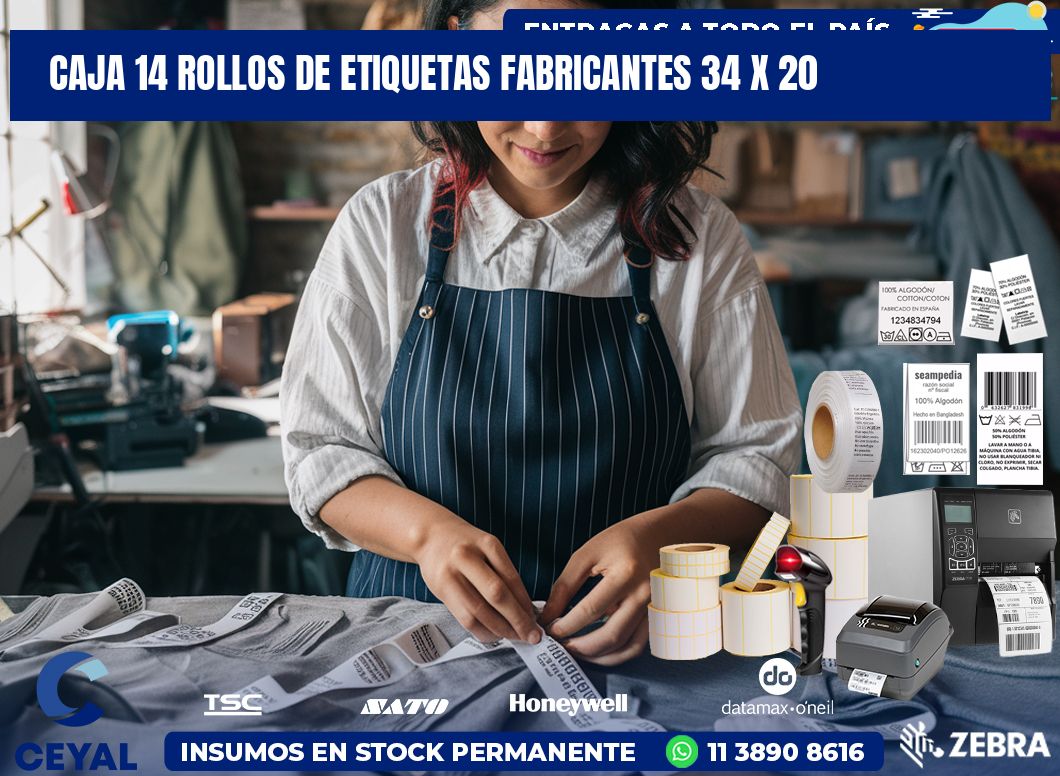 CAJA 14 ROLLOS DE ETIQUETAS FABRICANTES 34 x 20