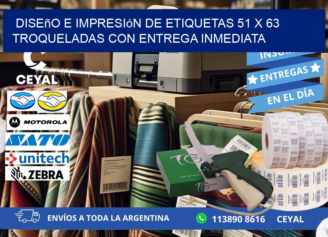 Diseño e impresión de etiquetas 51 x 63 troqueladas con entrega inmediata