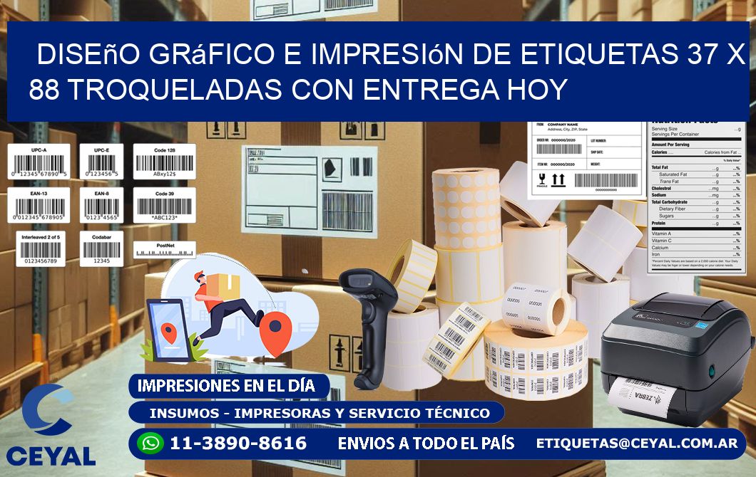 Diseño gráfico e impresión de etiquetas 37 x 88 troqueladas con entrega hoy