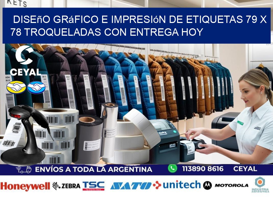 Diseño gráfico e impresión de etiquetas 79 x 78 troqueladas con entrega hoy