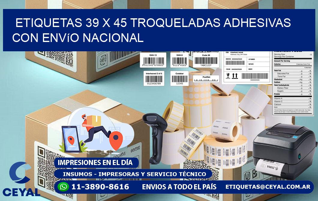 Etiquetas 39 x 45 troqueladas adhesivas con envío nacional