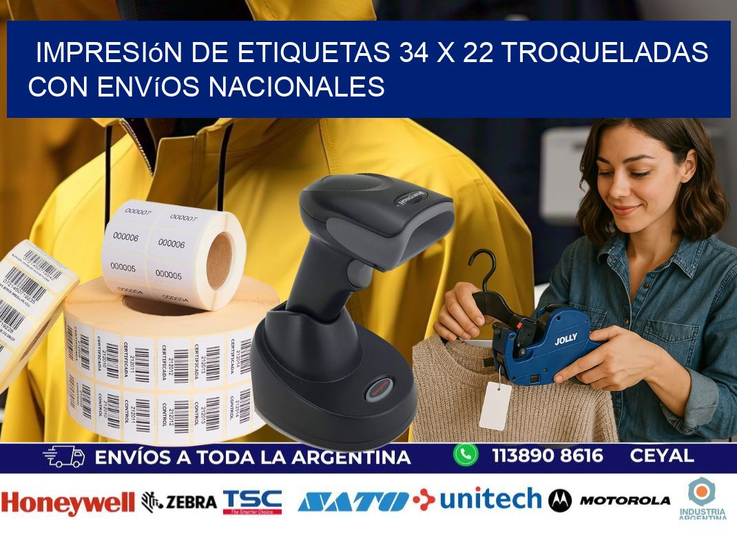 Impresión de etiquetas 34 x 22 troqueladas con envíos nacionales