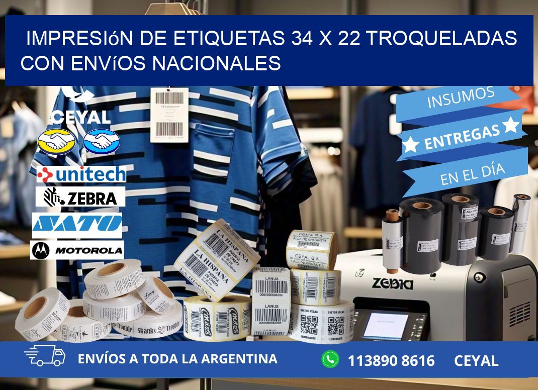 Impresión de etiquetas 34 x 22 troqueladas con envíos nacionales