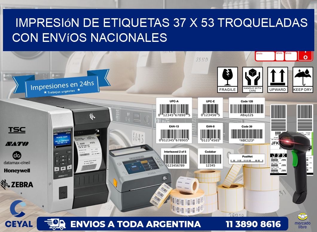 Impresión de etiquetas 37 x 53 troqueladas con envíos nacionales