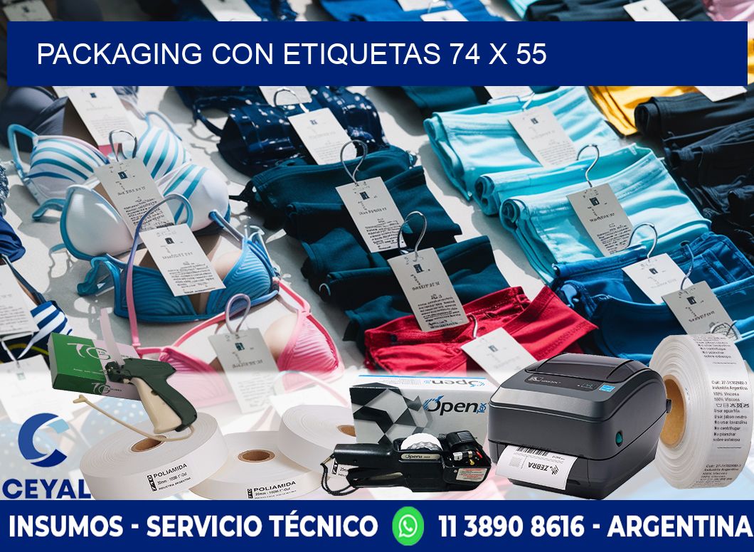 Packaging con etiquetas 74 x 55