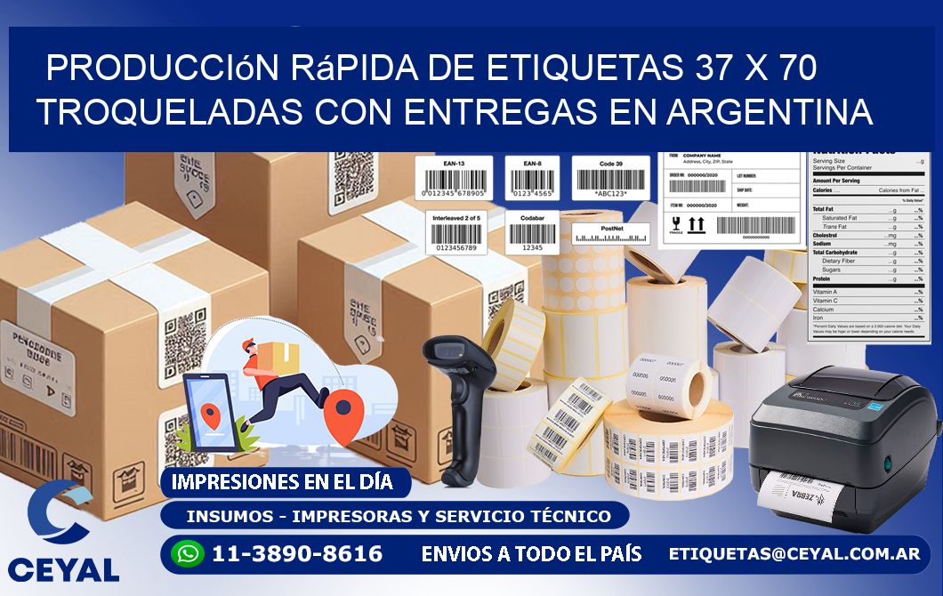Producción rápida de etiquetas 37 x 70 troqueladas con entregas en Argentina