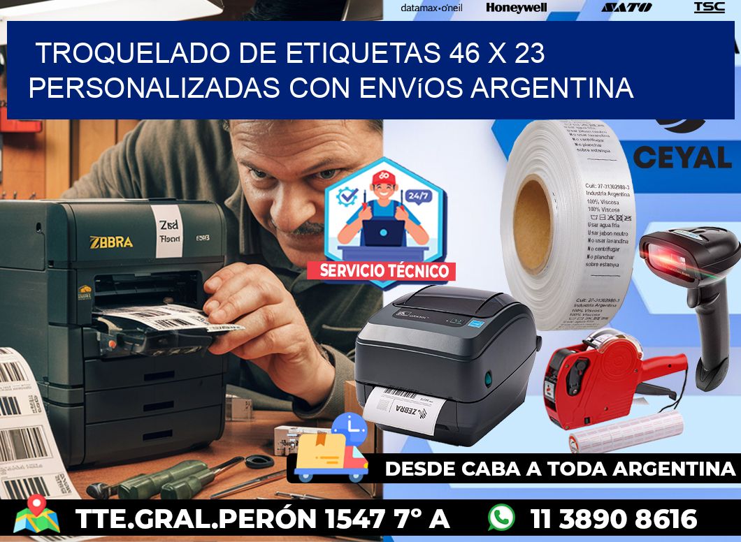 Troquelado de etiquetas 46 x 23 personalizadas con envíos Argentina