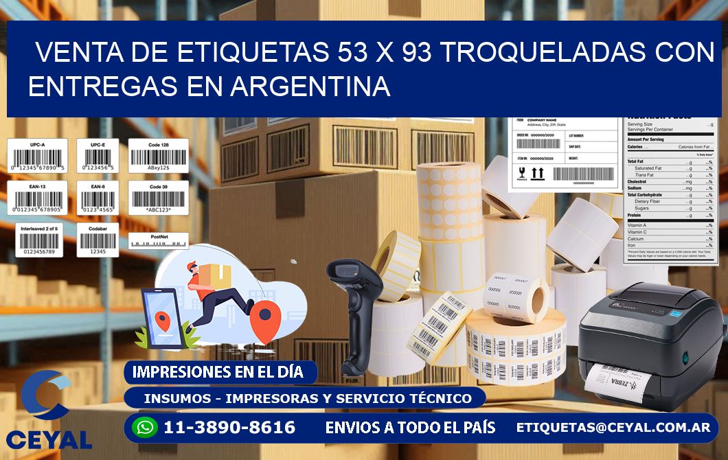 Venta de etiquetas 53 x 93 troqueladas con entregas en Argentina