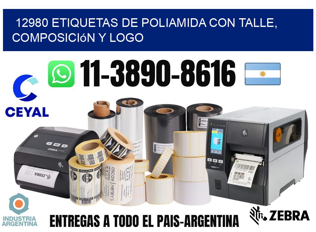 12980 Etiquetas de poliamida con talle, composición y logo