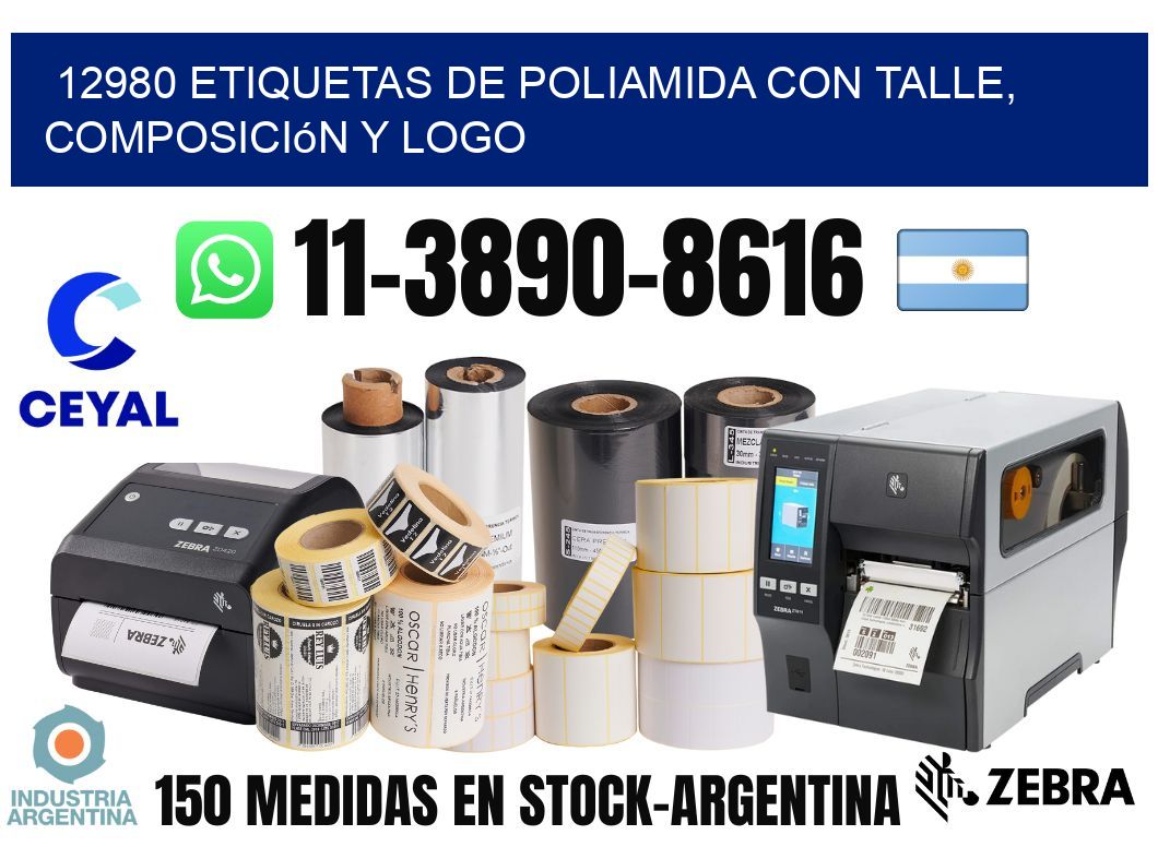 12980 Etiquetas de poliamida con talle, composición y logo