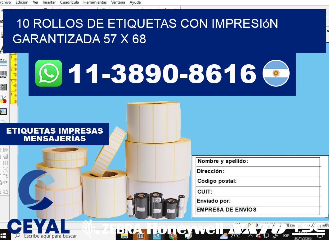 10 rollos de etiquetas con impresión garantizada 57 x 68