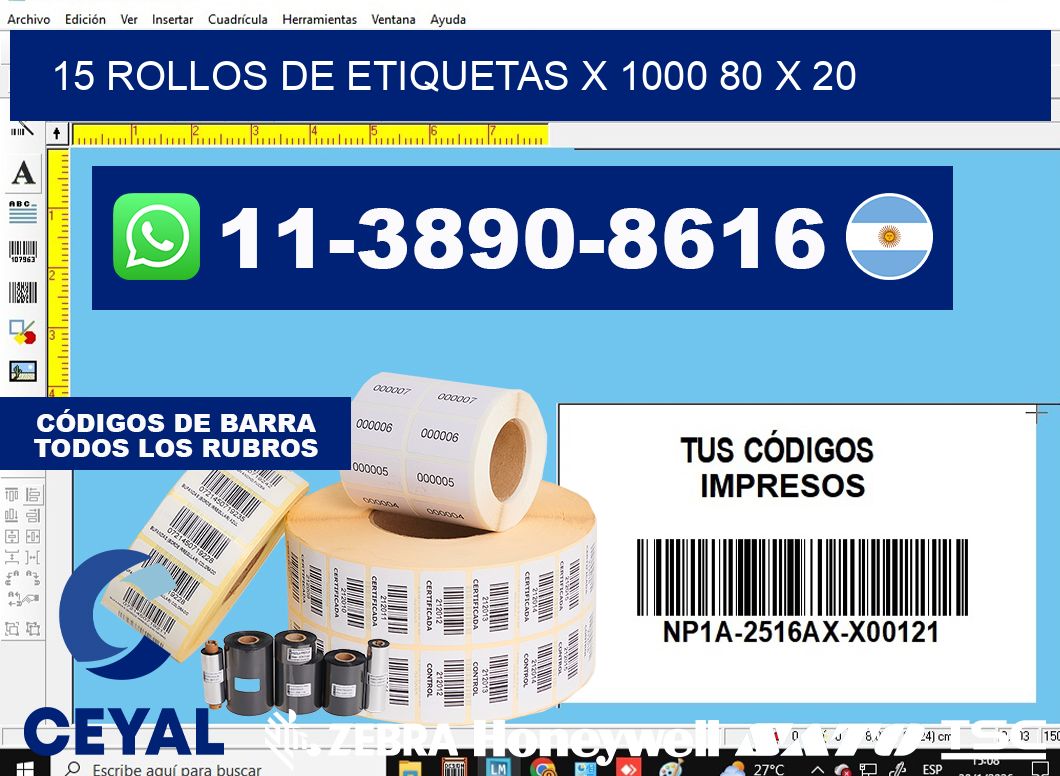 15 rollos de etiquetas x 1000 80 x 20