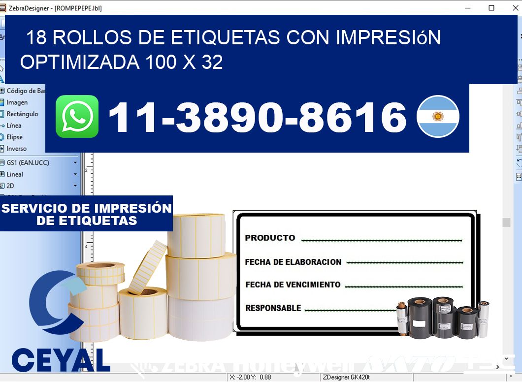 18 rollos de etiquetas con impresión optimizada 100 x 32