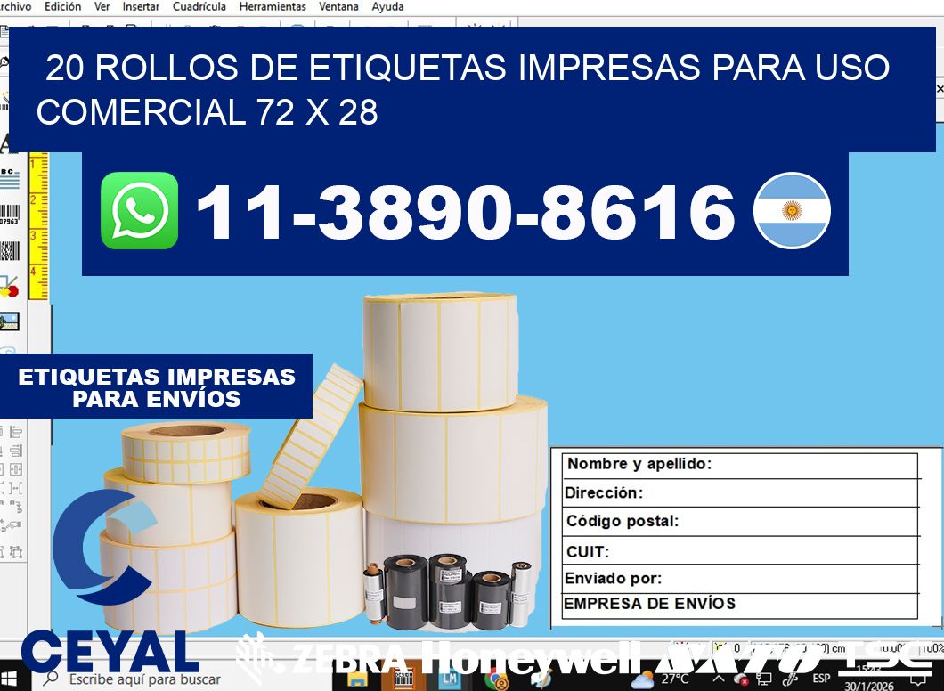 20 rollos de etiquetas impresas para uso comercial 72 x 28