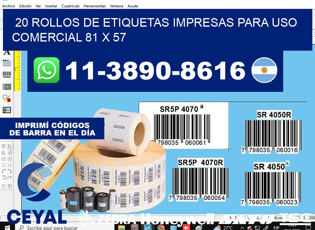 20 rollos de etiquetas impresas para uso comercial 81 x 57