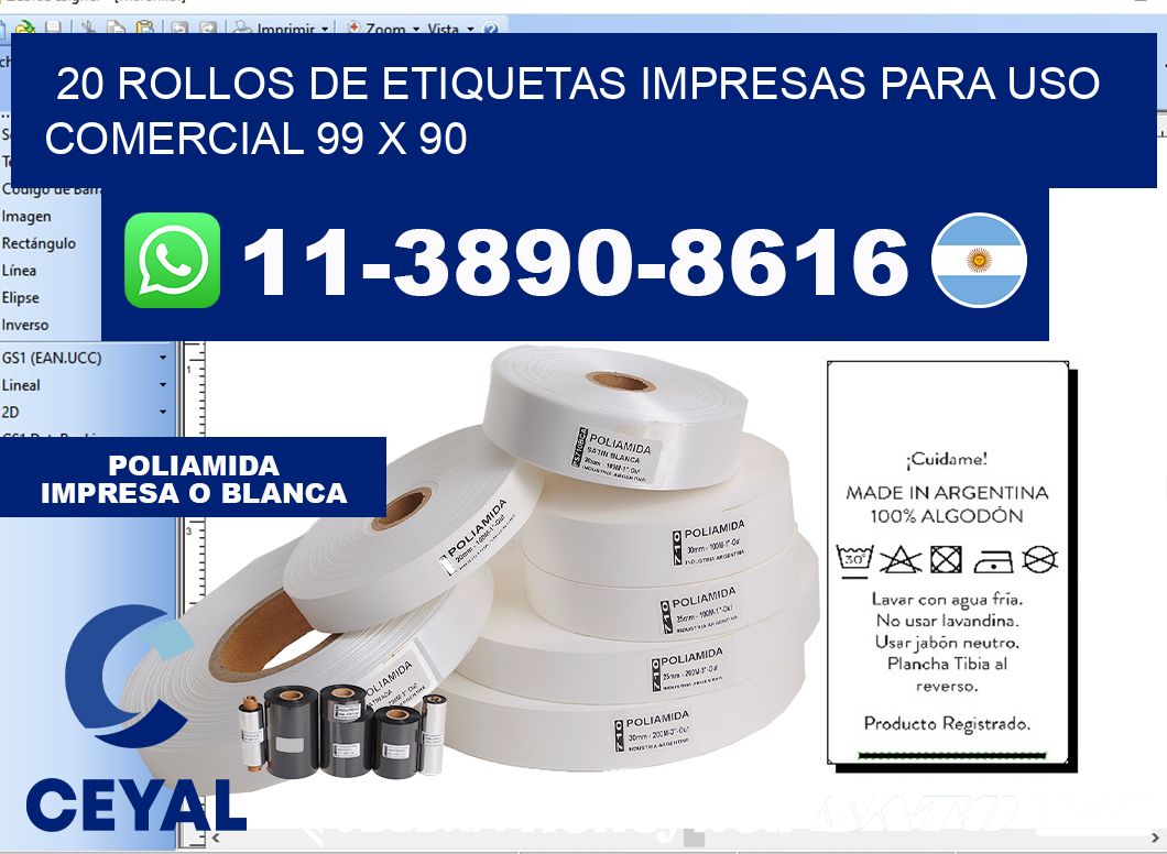 20 rollos de etiquetas impresas para uso comercial 99 x 90