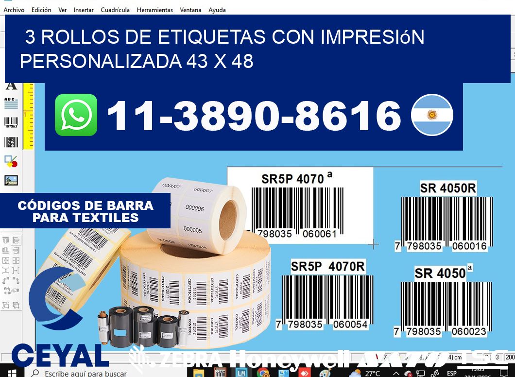 3 rollos de etiquetas con impresión personalizada 43 x 48