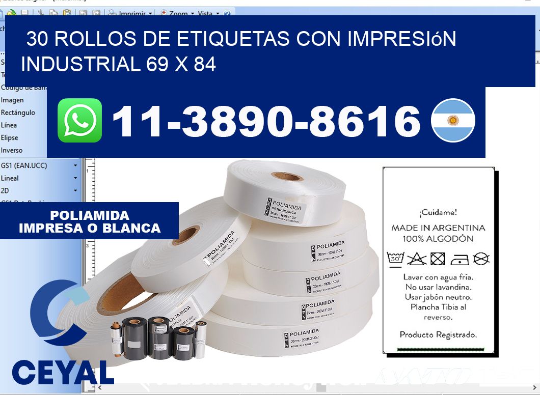 30 rollos de etiquetas con impresión industrial 69 x 84