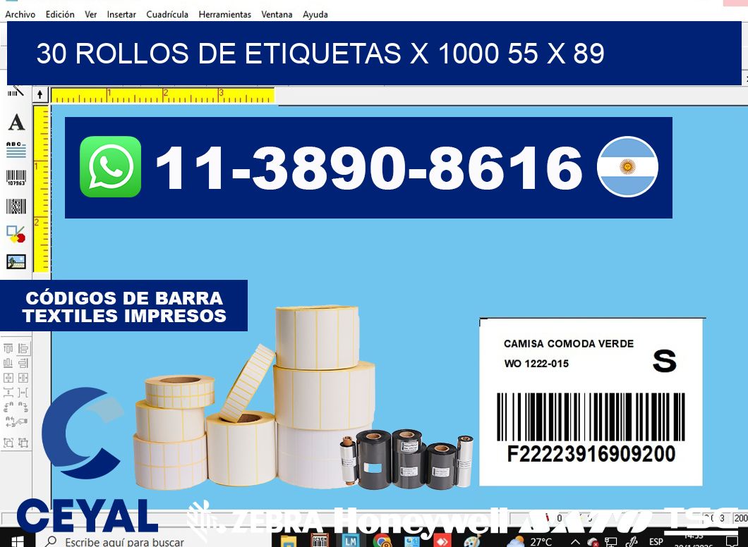 30 rollos de etiquetas x 1000 55 x 89