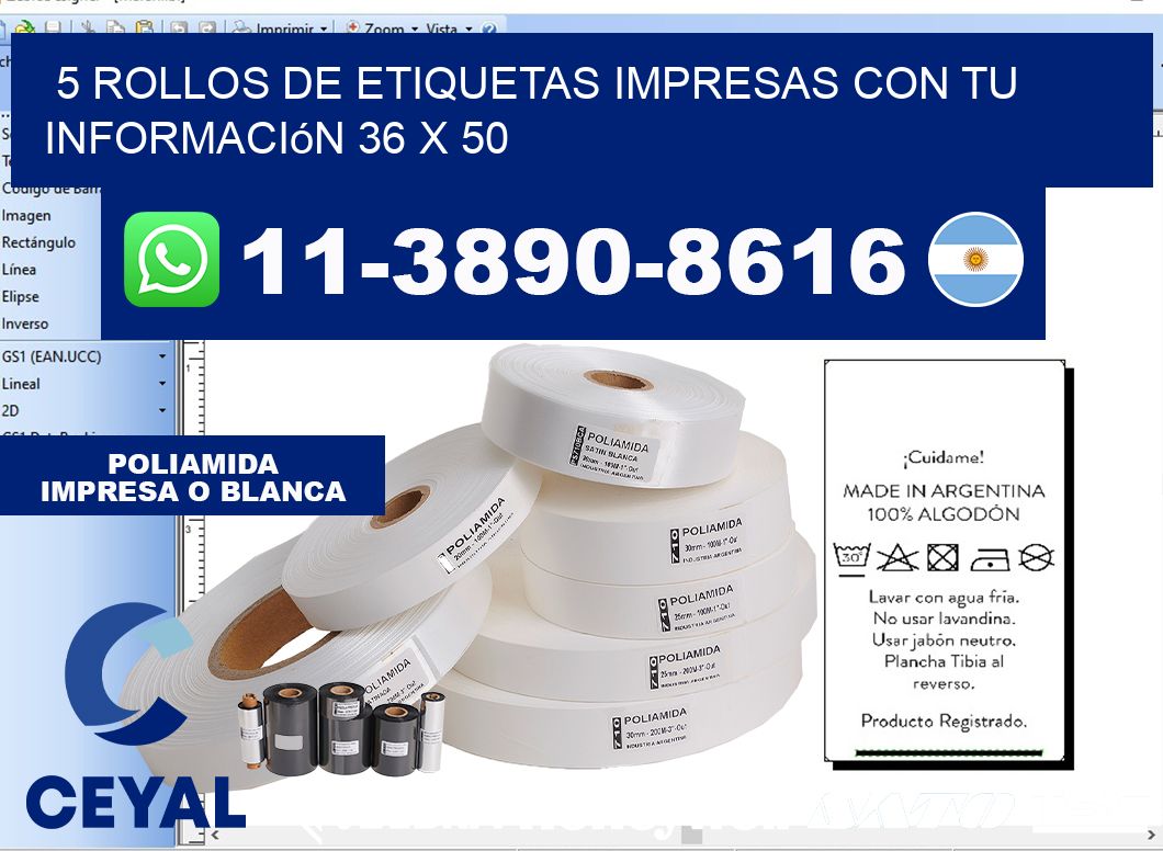 5 rollos de etiquetas impresas con tu información 36 x 50