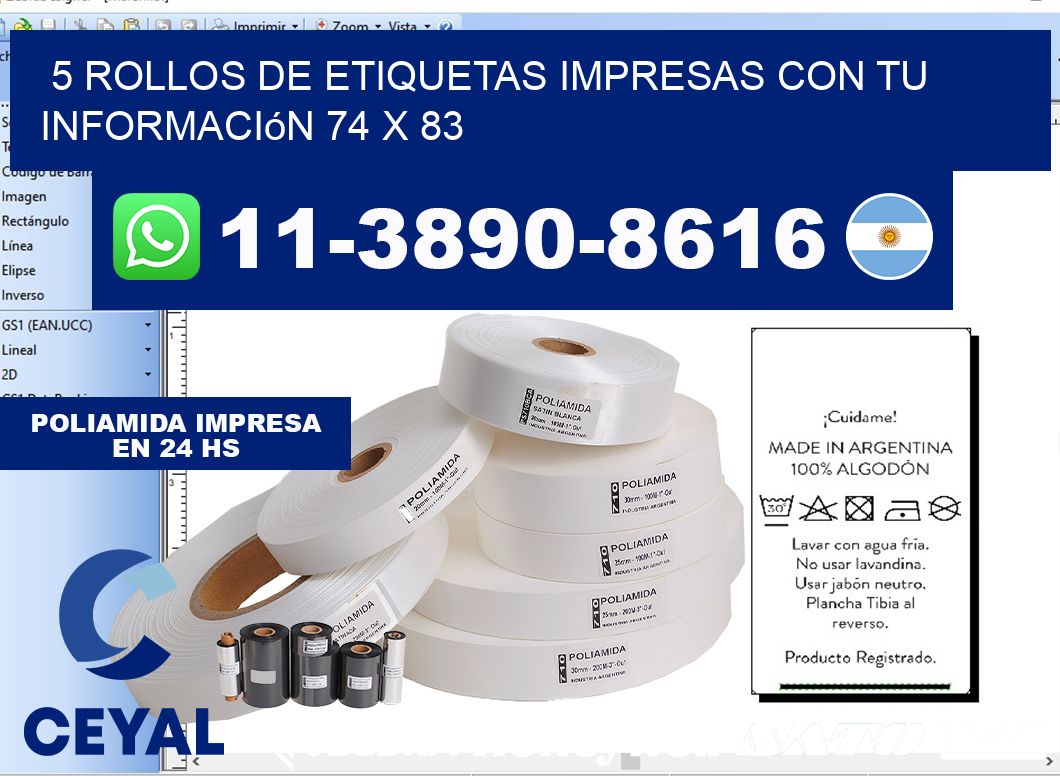 5 rollos de etiquetas impresas con tu información 74 x 83