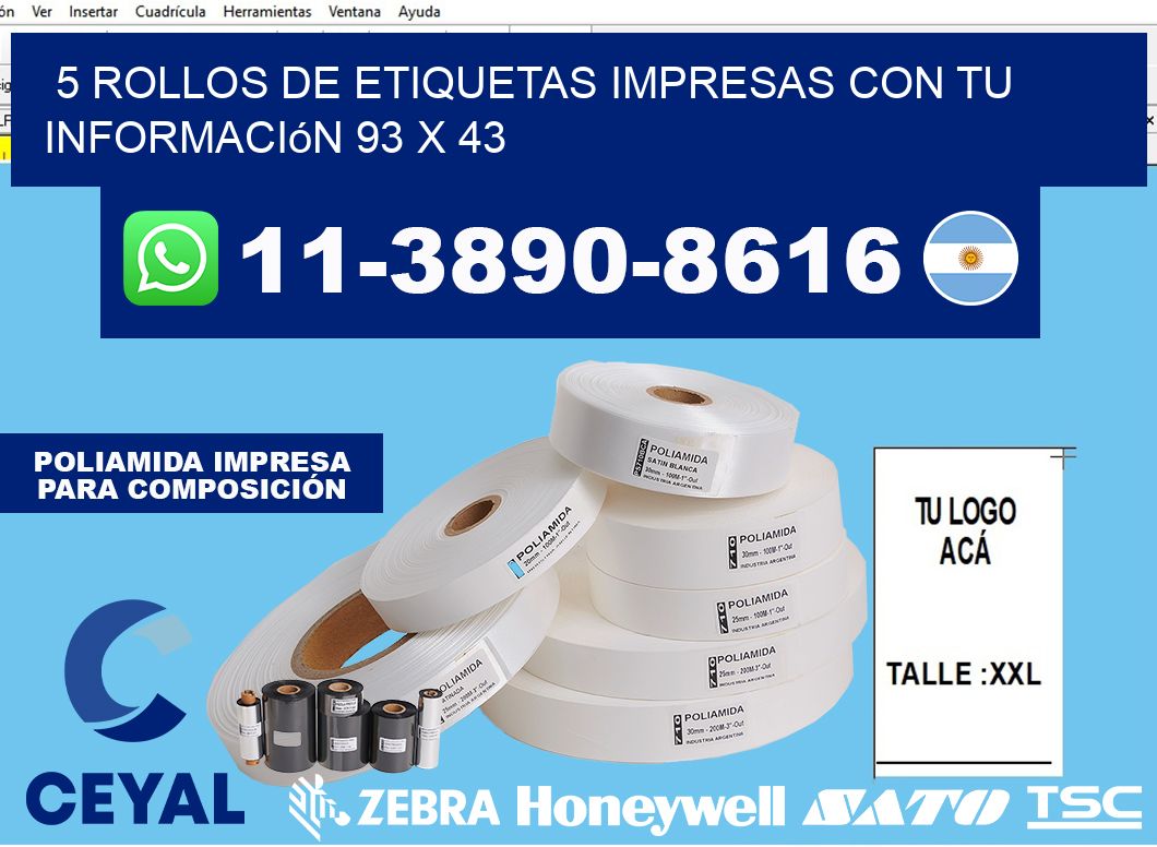 5 rollos de etiquetas impresas con tu información 93 x 43