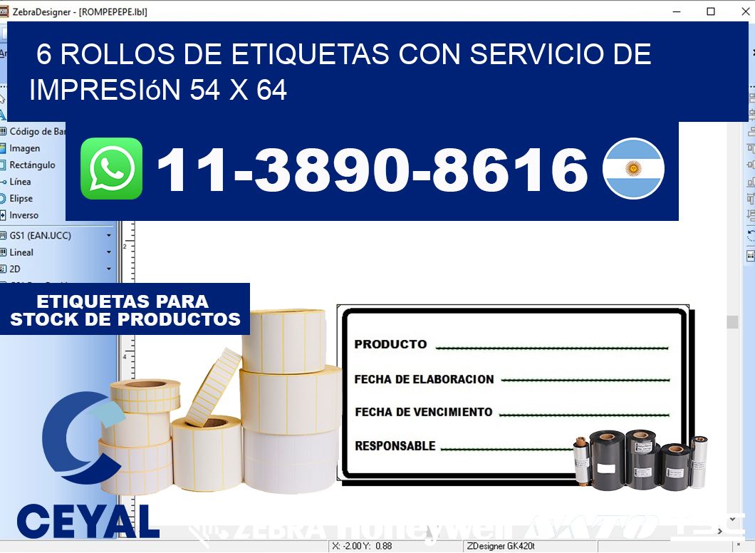 6 rollos de etiquetas con servicio de impresión 54 x 64