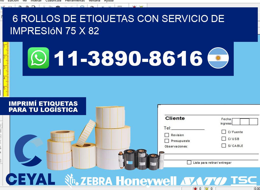 6 rollos de etiquetas con servicio de impresión 75 x 82