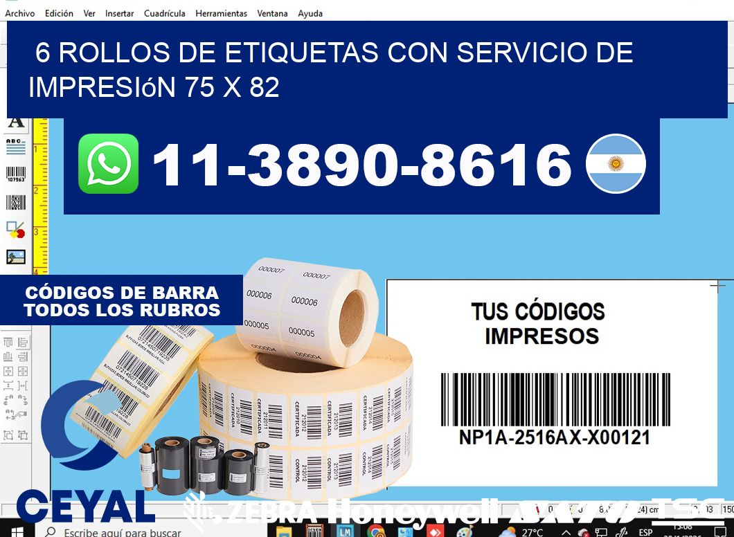 6 rollos de etiquetas con servicio de impresión 75 x 82