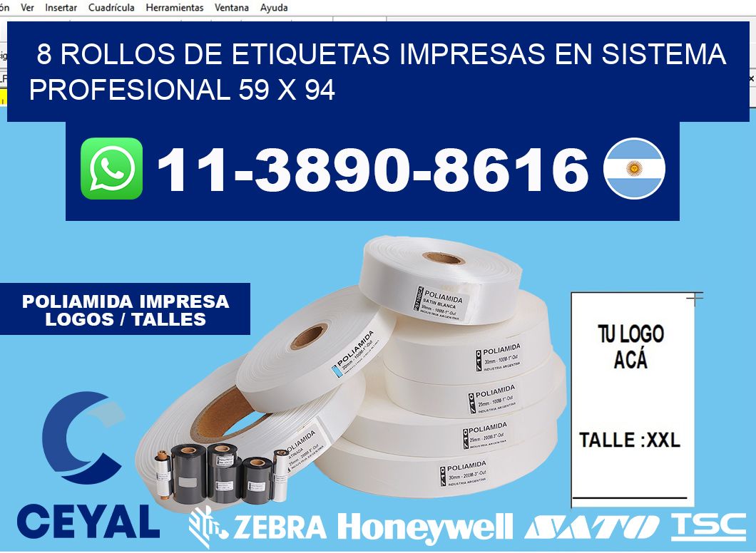 8 rollos de etiquetas impresas en sistema profesional 59 x 94